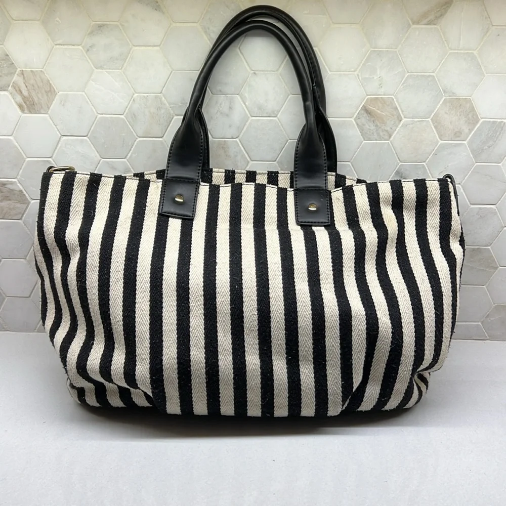 Moda Luxe Black & Cream Vertical Stripe Hobo Tote